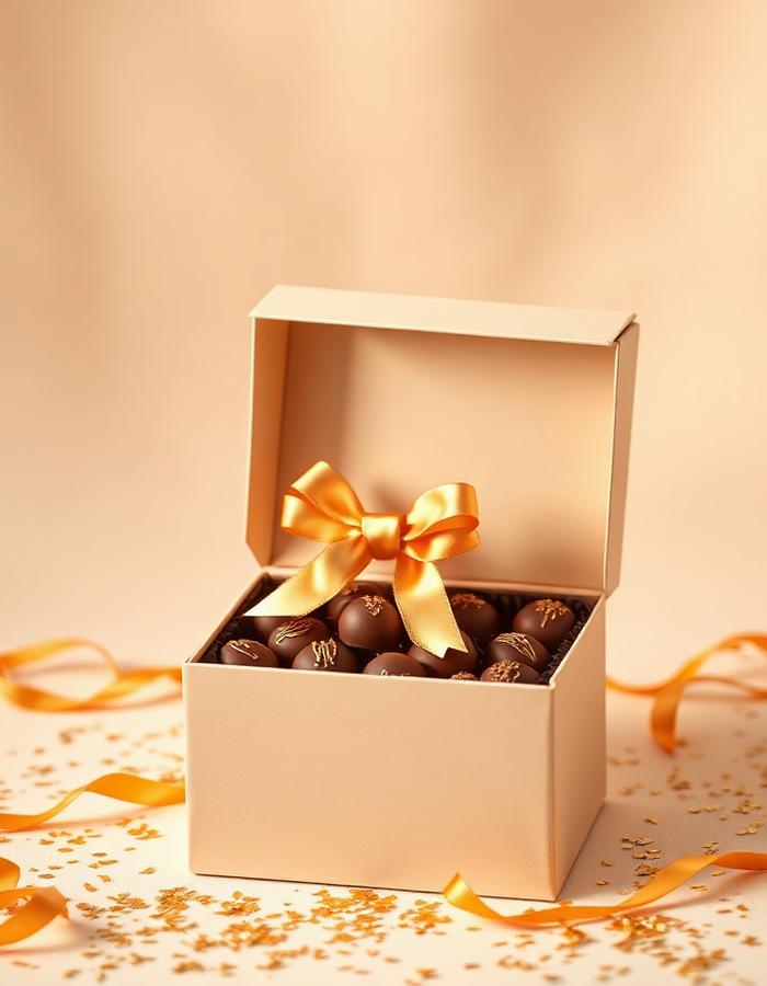 Champagnekleurige doos met gouden strik