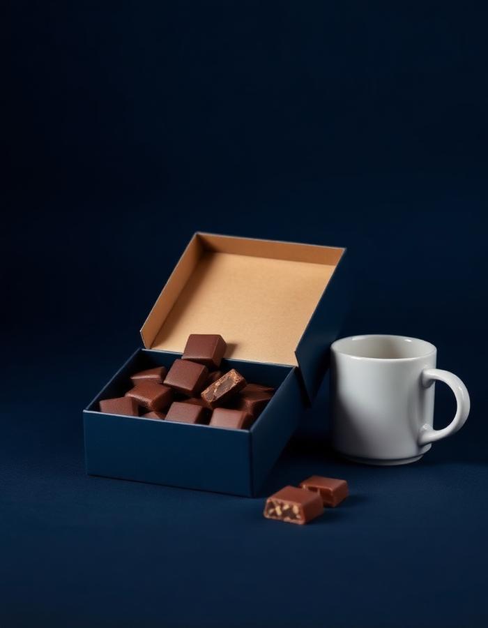 Donkerblauwe chocoladedoos met koffie