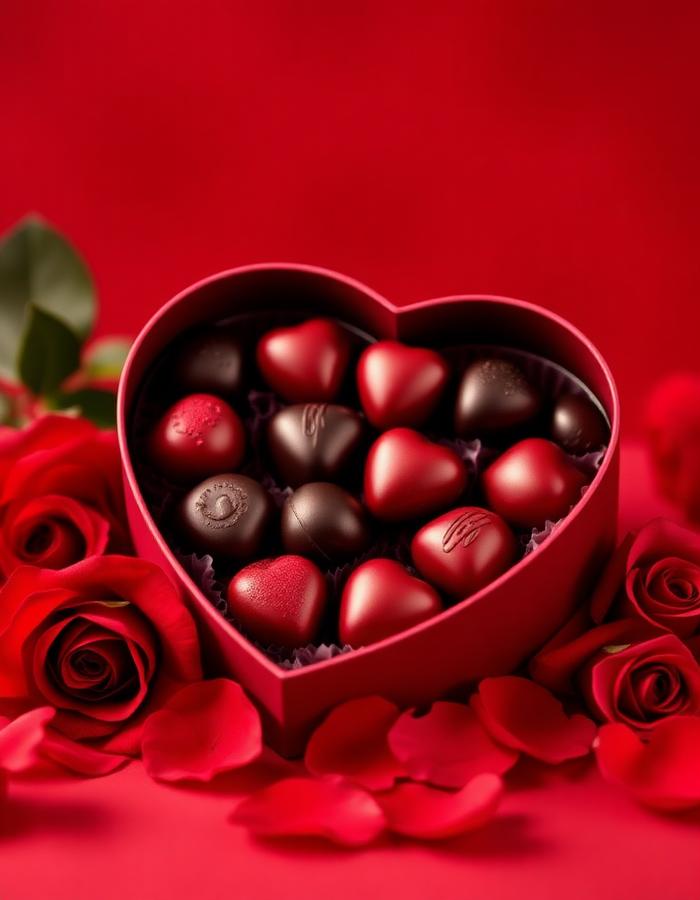 Hartvormige doos met rode bonbons en rozen